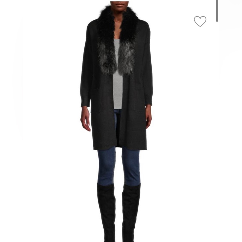 Saks Fifth Avenue Black Faux-Fur Trim Cardigan. Size XS. Black. Worn once.